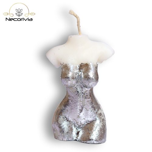 White female torso candle with silver foil decoration