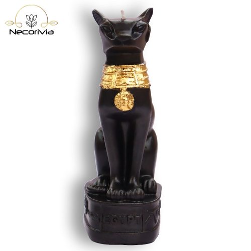 Black Bastet candle with gold accents on a pedestal