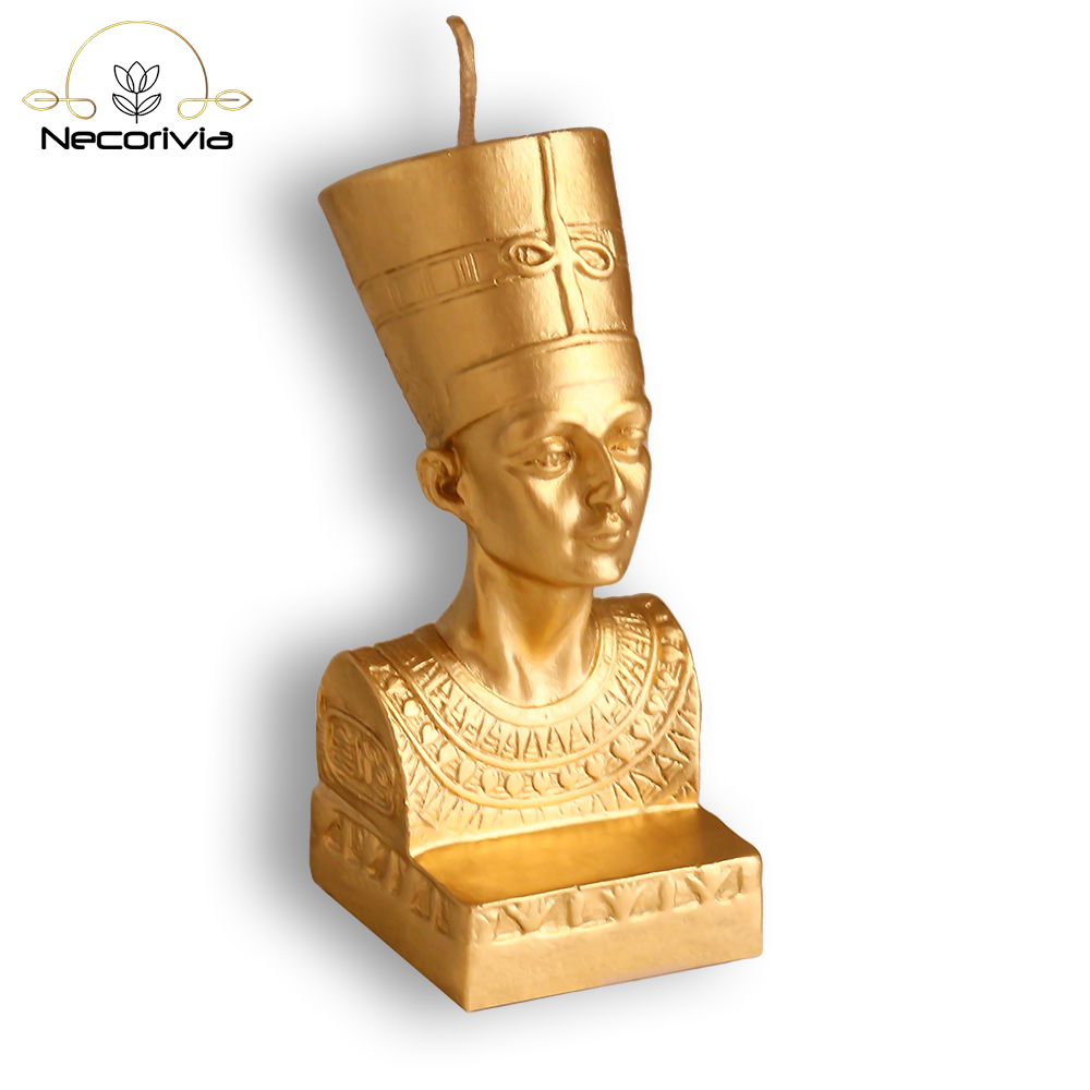 Gold Nefertiti candle bust featuring intricate Egyptian details.