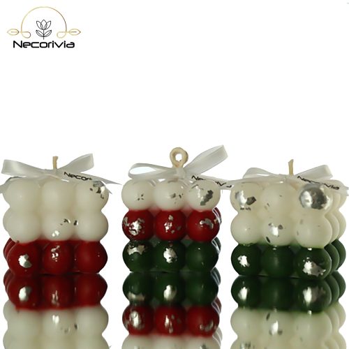 Christmas-themed decorative bubble candles in red, white, and green with silver leaf accents and ribbon bows.